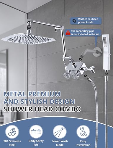 All Metal 12 Inch Shower Head with Body Spray Jets and Handheld (Chrome) | All Metal Construction, Equipped with Body Spray Jets, 14 Inch Adjustable Extension Arm,Power Wash Function Hand Shower - color: Chrome