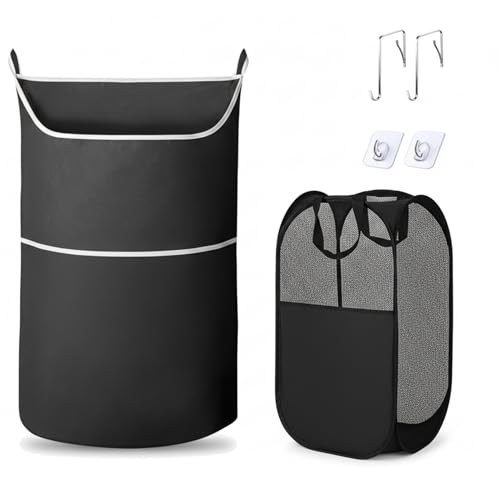 2-in-1 XL Hanging Laundry Hamper Bag 36x22in + Pop Up Mesh Laundry Basket | Over the Door Laundry Bag, Bottom Zipper & Front Pocket, 600D Oxford, Space-Saving Foldable, Hooks for Home Dorm & RV