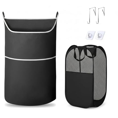 2-in-1 XL Hanging Laundry Hamper Bag 36x22in + Pop Up Mesh Laundry Basket | Over the Door Laundry Bag, Bottom Zipper & Front Pocket, 600D Oxford, Space-Saving Foldable, Hooks for Home Dorm & RV
