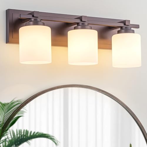 Modern Bathroom Light Fixtures Over Mirror, Vanity Lights for Bathroom Wall Sconces with Milky White Glass Shades, E26 Socket (Bulbs Not Included), 3 Light, Oil Rubbed Bronze - color: Oil-Rubbed Bronze - Milky White Glass Shades, size: 3-Lights
