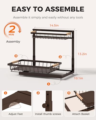3-Pack 2-Tier Height Adjustable Under Sink Organizer, Brown | Multi-purpose metal storage shelf with sliding shelves for kitchen, bathroom, pantry & laundry cabinet - color: Brown