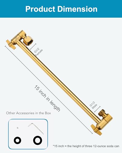15 Inch Extra Long Adjustable Shower Head Extension Arm With Locking Set Screw, Singing Rain 304 Stainless Steel Angle Height Adjustable, G1/2 Universal Connector Compatible (Egyptian Gold) - color: 5. Egyptian Gold, style: 15 inch