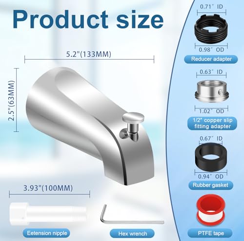 Universal Tub Spout for 1/2" Copper Pipe, 1/2" IPS and 3/4" IPS, Bathtub Spout with Diverter and Adapter and Hex Wrench (Chrome) - color: Chrome