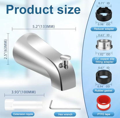 Universal Tub Spout for 1/2" Copper Pipe, 1/2" IPS and 3/4" IPS, Bathtub Spout with Diverter and Adapter and Hex Wrench (Chrome) - color: Chrome