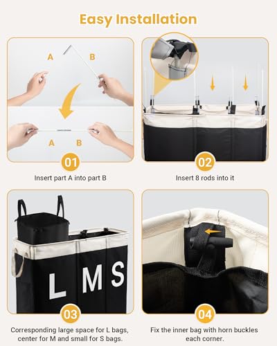 190L Laundry Hamper with Lid, Large Laundry Basket with Lid and 3 Section, Sturdy Laundry Baskets with 3 Removable Bags (L M S), Dirty Clothes Hamper Organizer for Laundry Room, Bedroom and Dorm Room