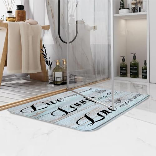 Live Laugh Love Bath Mat Rustic Teal Wooden Board Butterflies Inspirational Quotes Positive Motto Phrase Lettering Microfiber Memory Foam Bathroom Decor Home Entry Kitchen Bedroom Floor Rug - size: 1'6" x 2'6" (Rectangular)