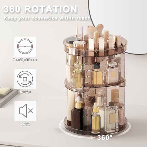 Jiavarry 360 Rotating Makeup Organizer with DIY 8 Adjustable Height, Brown | Spinning Skincare, Lipstick Slots, Brush and Perfume Storage, for Vanity Bathroom Countertop - color: Slot Top Brown