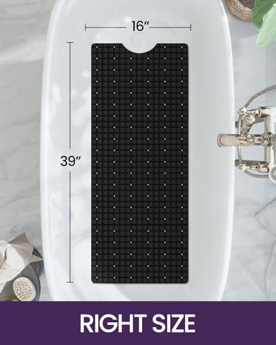 DEXI Bathtub Mat Non Slip, 39x16 Bath Tub Shower Floor Bathroom Mats Black | Extra Long Suction Cups, Drain Holes, Machine Washable for Tub Shower Floor Bathmat - color: Black