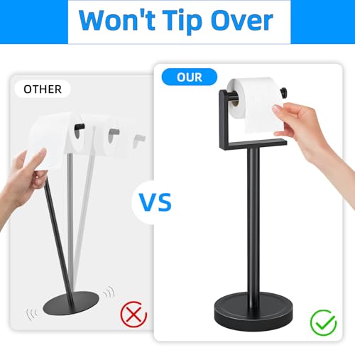 Heavy Duty Toilet Paper Holder Stand, Stable Weighted Base Toilet Paper Holder Free Standing, Stainless Steel Bathroom Free Standing Toilet Paper Roll Holder, Matte Black Tissue Rack - color: Black