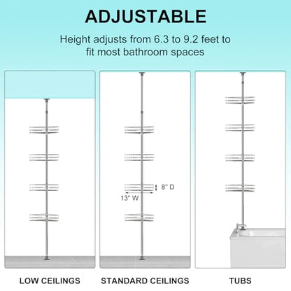 Adjustable Shower Caddy Corner for Bathroom, 4-Tier Rustproof Bathroom Organizer Shelves with Tension Pole, Floor Standing Bath Rack for Bathtub Shampoo Storag, Silver