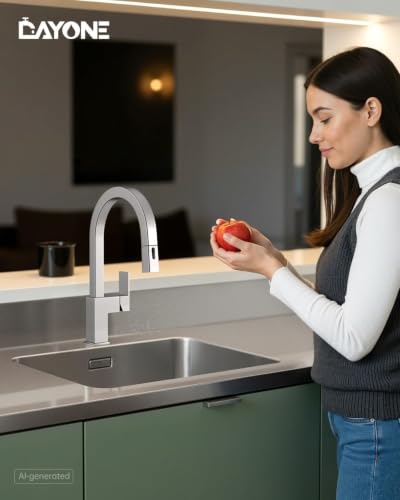DAYONE Square Kitchen Faucet Brushed Nickel, Modern Pull Down Kitchen Sink Faucet with Spray 2 Modes, S304 Stainless Steel Single Handle Faucet for Kitchen Sink, with Square Deck Plate - color: Brushed Nickel