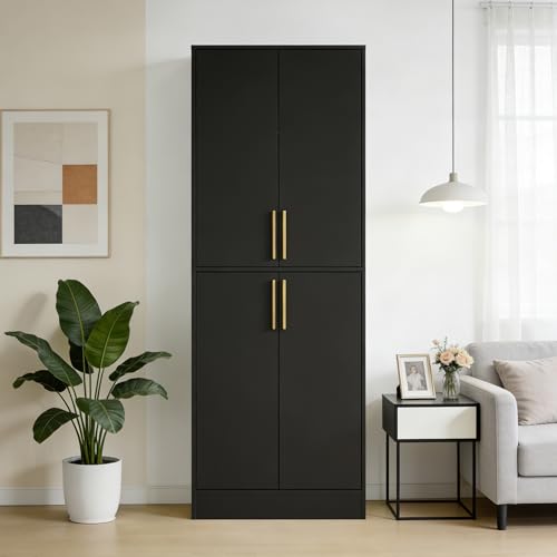 Housoul 71" Tall Pantry Cabinet, 4 Doors Kitchen Pantry Storage Cabinet, Freestanding Larder Cupboard, Kitchen Hutch with Gold Handles for Dining Room, Bathroom, Black - color: Black