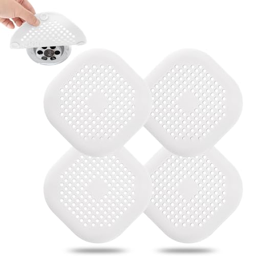Hair Drain Catcher,Square Drain Cover for Shower Silicone Hair Stopper with Suction Cup,Easy to Install Suit for Bathroom,Bathtub,Kitchen 4Pack (White) - color: White