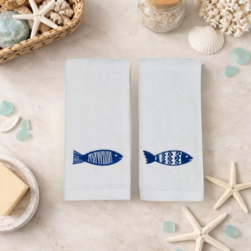 Serafina Home Summer Soft Absorbent Bathroom Coastal Guest Embroidered Fingertip Towels: Sealife Blue Fish Design, 2 Piece 12" x 18" Inches - color: Blue Fish