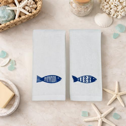 Serafina Home Summer Soft Absorbent Bathroom Coastal Guest Embroidered Fingertip Towels: Sealife Blue Fish Design, 2 Piece 12" x 18" Inches - color: Blue Fish
