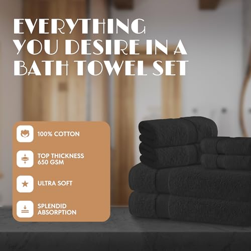 Black Bath Towel Set of 6 - 100% Cotton Highly Absorbent Towels for Bathroom, 2 Luxury Bath Towels 650GSM, 2 Hand Towels, 2 Washcloths - color: Black