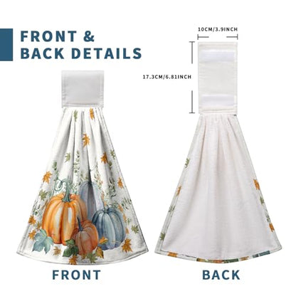 Fall Orange Blue Pumpkin Kitchen Hanging Towels Set of 2 Autumn Eucalyptus Maple Leaves Hand Towels with Hanging Loop Thanksgiving Dish Washcloth Soft Absorbent Bath Tie Towel - color: Orange Blue Pumpkin