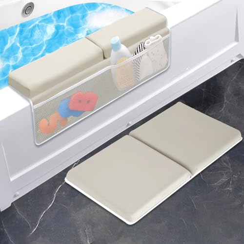 JJGoo Bath Kneeler with Elbow Rest Pad Set, 1.5 inch Kneeling Pad Mat for Bathtub Baby Bathing Parents, Painless Foam Mat with Toy Organizer Pockets, Non-Slip for Baby and Toddler Bathing - color: Apricot