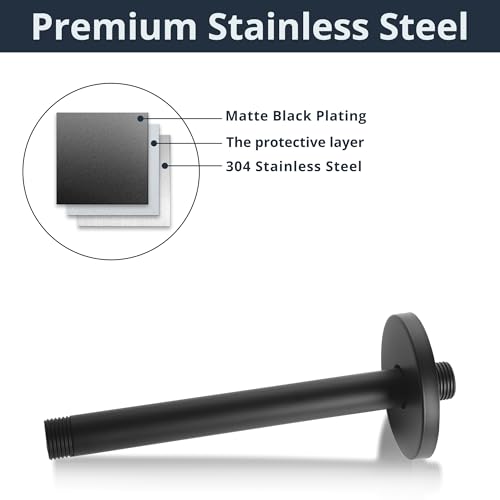 Ceiling Mount Shower Arm with Flange, 8 Inch Round Straight Extension Arm Pipe Replacement for Rain Shower Head & High Pressure, Stainless Steel, Matte Black - color: Round Matte Black 8 Inch
