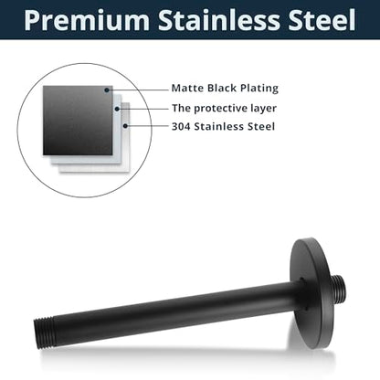 Ceiling Mount Shower Arm with Flange, 8 Inch Round Straight Extension Arm Pipe Replacement for Rain Shower Head & High Pressure, Stainless Steel, Matte Black - color: Round Matte Black 8 Inch