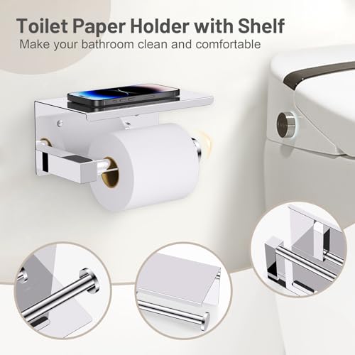 Lairuier Bathroom Hardware Set Polish Chrome, Towel Holder Set Wall Mounted | Bathroom Accessories Set, SUS304 Stainless Steel 23.6" Towel Bar, Toilet Paper Holder with Shelf, Towel Ring and Towel Hooks - color: Polished Chrome, size: 5 Pieces - With Shel