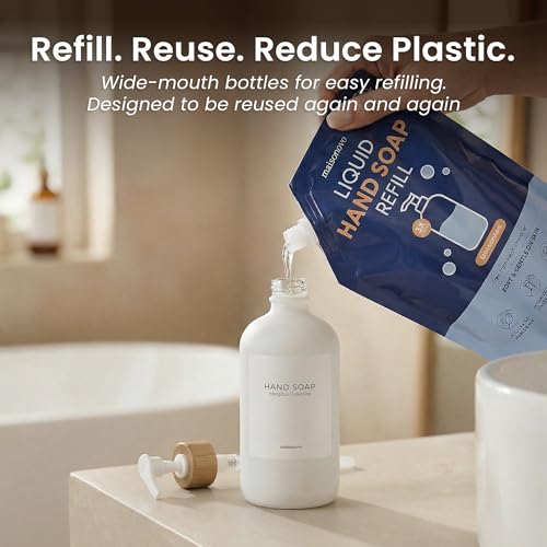 Maisonovo Soap Dispenser Set - White Soap Dispenser White Bamboo Pumps | Glass bottles for body wash, lotion, shampoo or conditioner · Sink, bathroom or countertop · Tray, 16.9 oz each - color: White Bottles White Bamboo Pumps