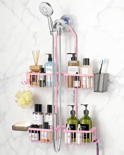 Adjustable Shower Caddy Hanging for Handheld Showerheads - Never Rust Shower Hanging Organizer, Upgraded Bathroom Shower Rack with Soap Basket, Hooks and Toothbrush Holder (Pink) - color: Pink