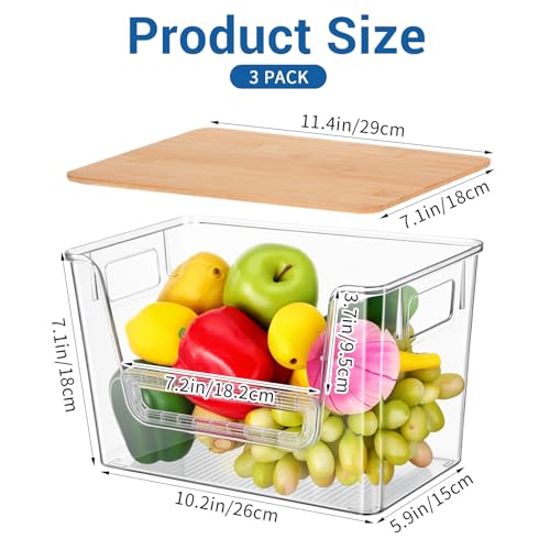 3 Set Pantry Organizers and Storage with Bamboo Lids, Stackable Clear Plastic Bins with Handles and Removable Front Baffle for Potato, Onion, Garlic, Fruit, Vegetables, Kitchen Counter and Under Sink