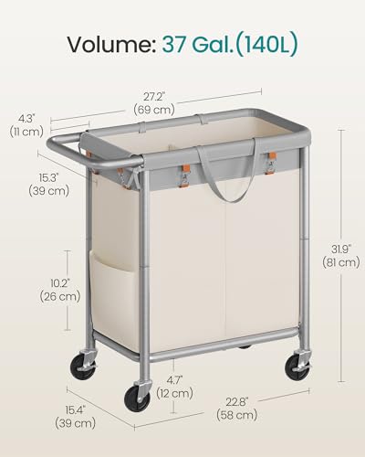 SONGMICS Laundry Basket with Wheels, 2-Section Rolling Laundry Hamper, 37 Gallons (140 L), Removable Liner, Steel Frame with Handle, 27.2 x 15.4 x 31.9 Inches, Dove Gray and Cream White URLS004GD02 - color: Dove Gray + Cream White, size: 140 L (2-Section)