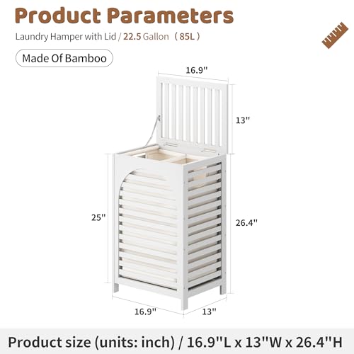 Laundry Hamper with Lid (16.9 * 13 * 26.5inches) Large Bamboo Laundry Bin Basket 85L Clothes Hamper with 1 Removable Bag Storage baskets for Bathroom (White) - color: White
