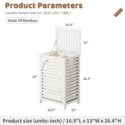 Laundry Hamper with Lid (16.9 * 13 * 26.5inches) Large Bamboo Laundry Bin Basket 85L Clothes Hamper with 1 Removable Bag Storage baskets for Bathroom (White) - color: White