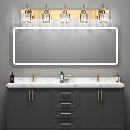 Ralbay Crystal Vanity Lights 5-Lights Brass Gold Over Mirror Modern Bathroom Wall Lighting Fixtures - color: Round-Brass, size: 5-light