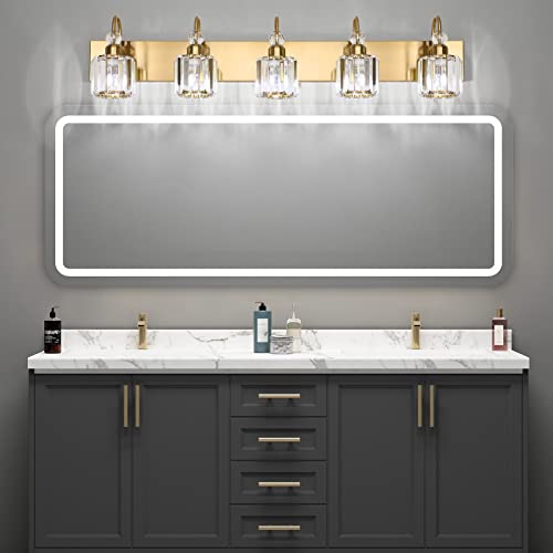 Ralbay Crystal Vanity Lights 5-Lights Brass Gold Over Mirror Modern Bathroom Wall Lighting Fixtures - color: Round-Brass, size: 5-light