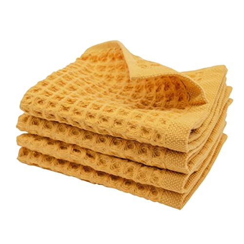 Waffle Washcloths Set, 100% Turkish Cotton (Mustard) - color: Mustard, size: Washcloths Set (4 Pieces)