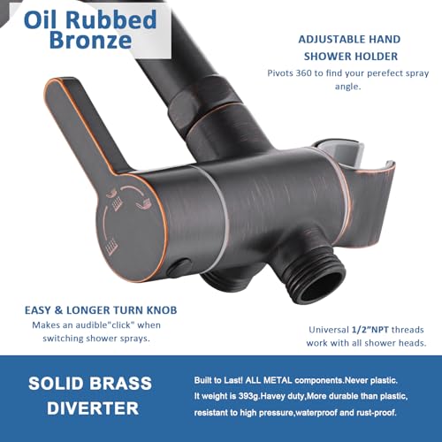 3 Way Shower Diverter Valve with Hand Shower Holder, G1/2 Shower Head Splitter, Shower Arm Diverter, Bathroom Universal Shower System Replacement Part (Oil Rubbed Bronze) - color: Oil Rubbed Bronze