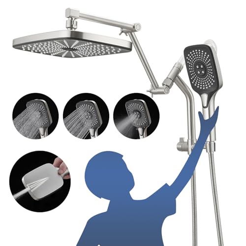 12" High Pressure Rain/Rainfall Shower Heads With Handheld Spray Combo (3+1 Settings & Built-in Power Wash Mode), Double/Dual Shower Head With Handheld - Height/Angle Adjustable(Brushed Nickel) - color: Brushed Nickel, size: 12 Inch