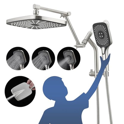 12" High Pressure Rain/Rainfall Shower Heads With Handheld Spray Combo (3+1 Settings & Built-in Power Wash Mode), Double/Dual Shower Head With Handheld - Height/Angle Adjustable(Brushed Nickel) - color: Brushed Nickel, size: 12 Inch