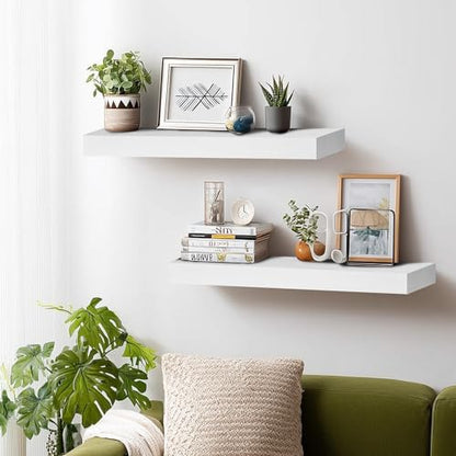 Solid Wood Floating Shelves, 24 Inch Wall Shelves, Set of 2, White | 8 Inch Deep, 1.6 Inch Thick, Extra-Wide Display Space, Mounting Hardware Included, For Kitchen, Bathroom and Living Room - color: White, size: 24x8x1.6
