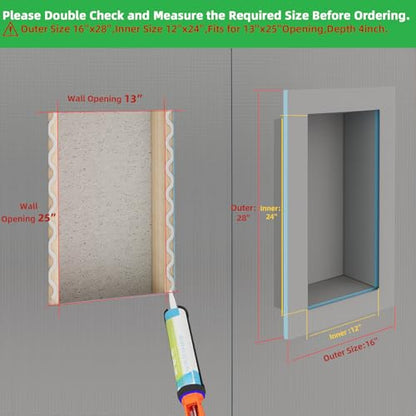 Tile Ready Shower Niche 24"x12" Niche for Shower Wall, Recessed Showers Niches Box Shelf for Bathroom Storage/Remodel,Waterproof and Ready-to-Tile,Outer Size 16"x28",Depth 4” - size: Inner 12"x24"/Outer 16"x28"