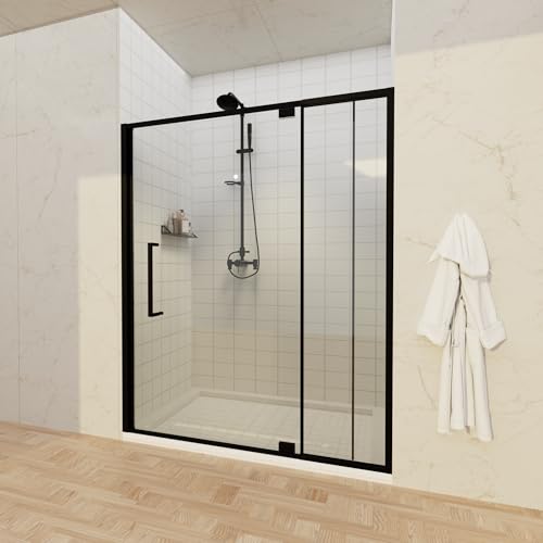 56-60" W x 72" H Semi-Frameless Pivot Swing Shower Doors | 1/4" (6mm) Clear SGCC Tempered Glass with a 24.8" walk-in opening, Matte Black Finish, Reversible, Magnetic Closing - color: Matte Black, size: 56"- 60"