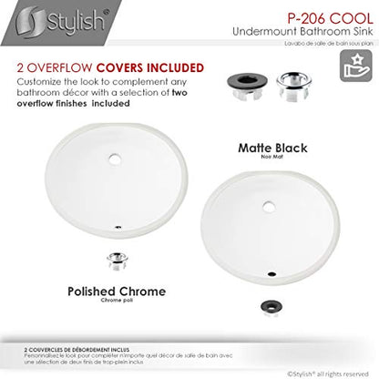 Stylish Oval Bathroom Sink 19 1/2 x 16 Inch Ceramic Porcelain Undermount Bathroom Sinks Enamel Glaze Finish Smooth and Stain Resistant Surface with Chrome and Matte Black Overflow, P-206 - style: 19.5"x16" Chrome & Matte Black Overflows