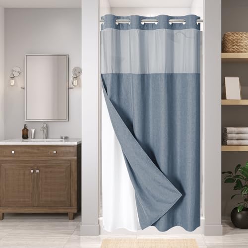 eachope No Hook Linen Texture Shower Curtain and Liner Set,54x80 Blue Grey | 230GSM Thick Fabric,Hotel Luxury Decor,Mesh Top Window,Waterproof & Machine Washable,for Shower Stall or Bathroom - color: Blue Grey, size: 54"W x 80"L (Pack of 1)
