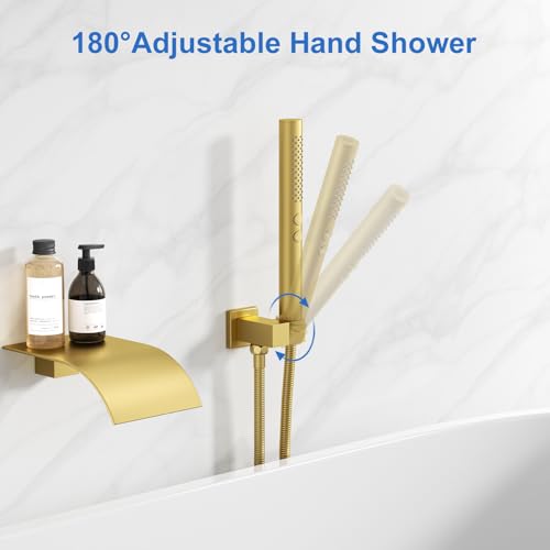 RUMOSE Wall Mount Bathtub Faucet Waterfall Tub Faucet with Handheld Sprayer | Gold, 2 in 1 Handheld, Modern Bathroom Tub Filler Brass Single Handle Shower Faucet Set, High Flow Rough in Valve - color: Gold