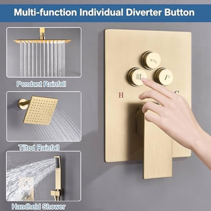 Dual Rainfall Shower Head System Brushed Gold, 3-Function Push Button Shower Faucet Set with 12" Wall Mount Rain shower head and 6" Wall Mount Shower Head, Pressure Balance Rough-in Valve - color: Brushed Gold, style: Wall Mount