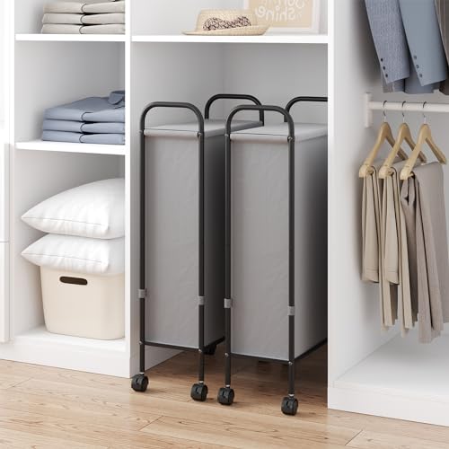 ELYKEN Slim Laundry Hamper with Lid & Wheels, 50L Rolling Laundry Basket | 7.9" Narrow Design, 50L, Removable Liner Bag, Lockable Wheels, Space Saving Clothes Hamper for Bathroom, Bedroom, Closet - style: Grey-50L
