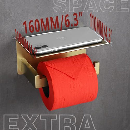LANC Gold Toilet Paper Holder with Shelf, Toilet Paper Roll Holder with Phone Shelf for Bathroom Wall Mounted, 304 Stainless Steel Toilet Tissue Holder, Brushed Gold, A8367BG - color: Brushed Gold, size: Right