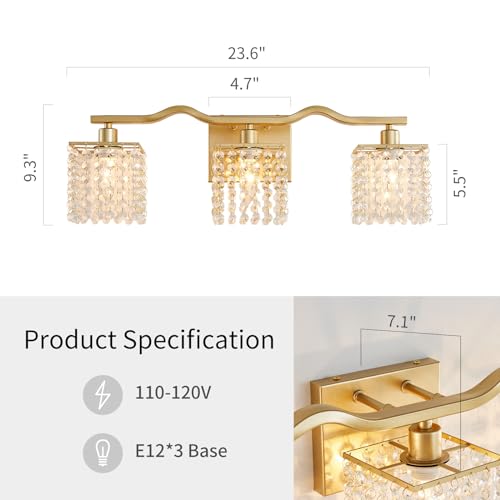 WUZUPS 3-Light Bathroom Light Fixture Over Mirror Morden Vanity Wall Sconces Light Clear Crystal Drop for Bedroom Living Room, E12 Base, Gold - color: Gold Wall light