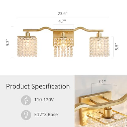 WUZUPS 3-Light Bathroom Light Fixture Over Mirror Morden Vanity Wall Sconces Light Clear Crystal Drop for Bedroom Living Room, E12 Base, Gold - color: Gold Wall light