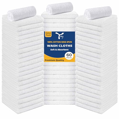 Cotton Washcloths Bulk (60 Pack) - 100% Ring Spun Cotton, Premium Quality Face Cloths, Highly Absorbent and Soft Fingertip Towels, Wash Cloths (12x12 inch, White)