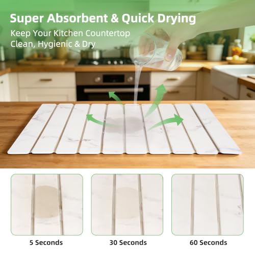 Large Stone Dish Drying Mat for Kitchen Counter, 24"×16" Foldable Quick Drying Mat, Absorbent Diatomaceous Earth Drying Mat for Bottles Cups Dishes, Match Any Countertop (White Marble, 24" x 16") - color: White Marble